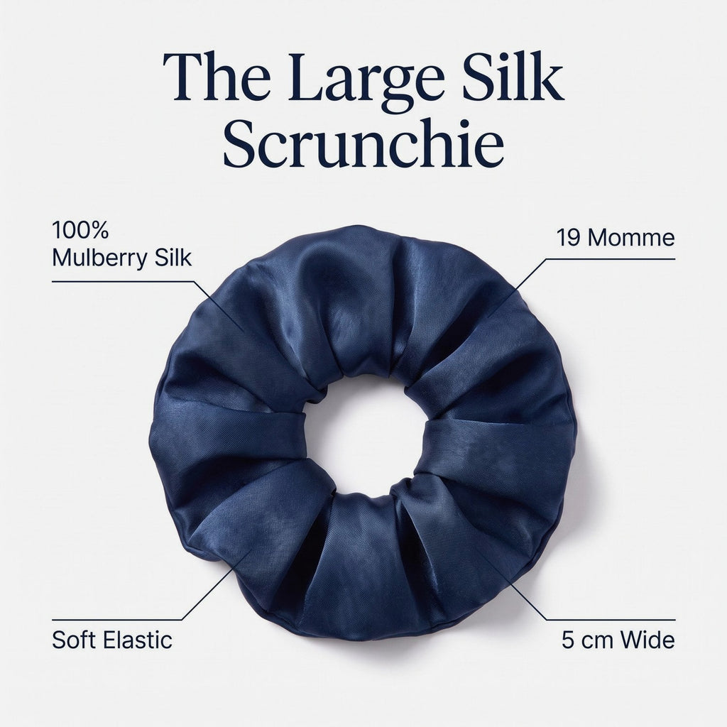 Features of the KINT large 5 cm mulberry silk scrunchie: 100% mulberry silk, 19 momme, 5 cm wide, soft elastic