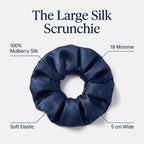 Features of the KINT large 5 cm mulberry silk scrunchie: 100% mulberry silk, 19 momme, 5 cm wide, soft elastic