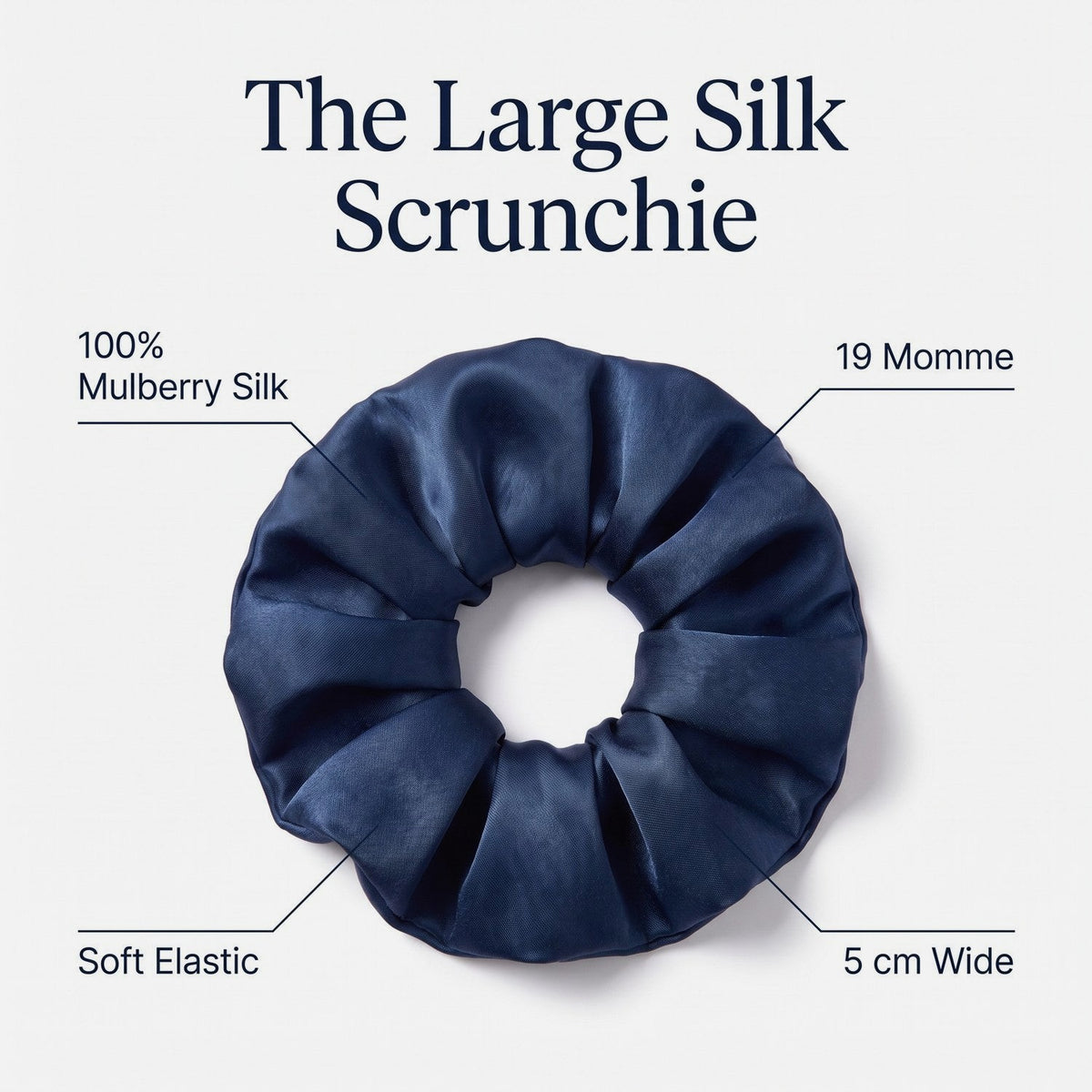 Features of the KINT large 5 cm mulberry silk scrunchie: 100% mulberry silk, 19 momme, 5 cm wide, soft elastic