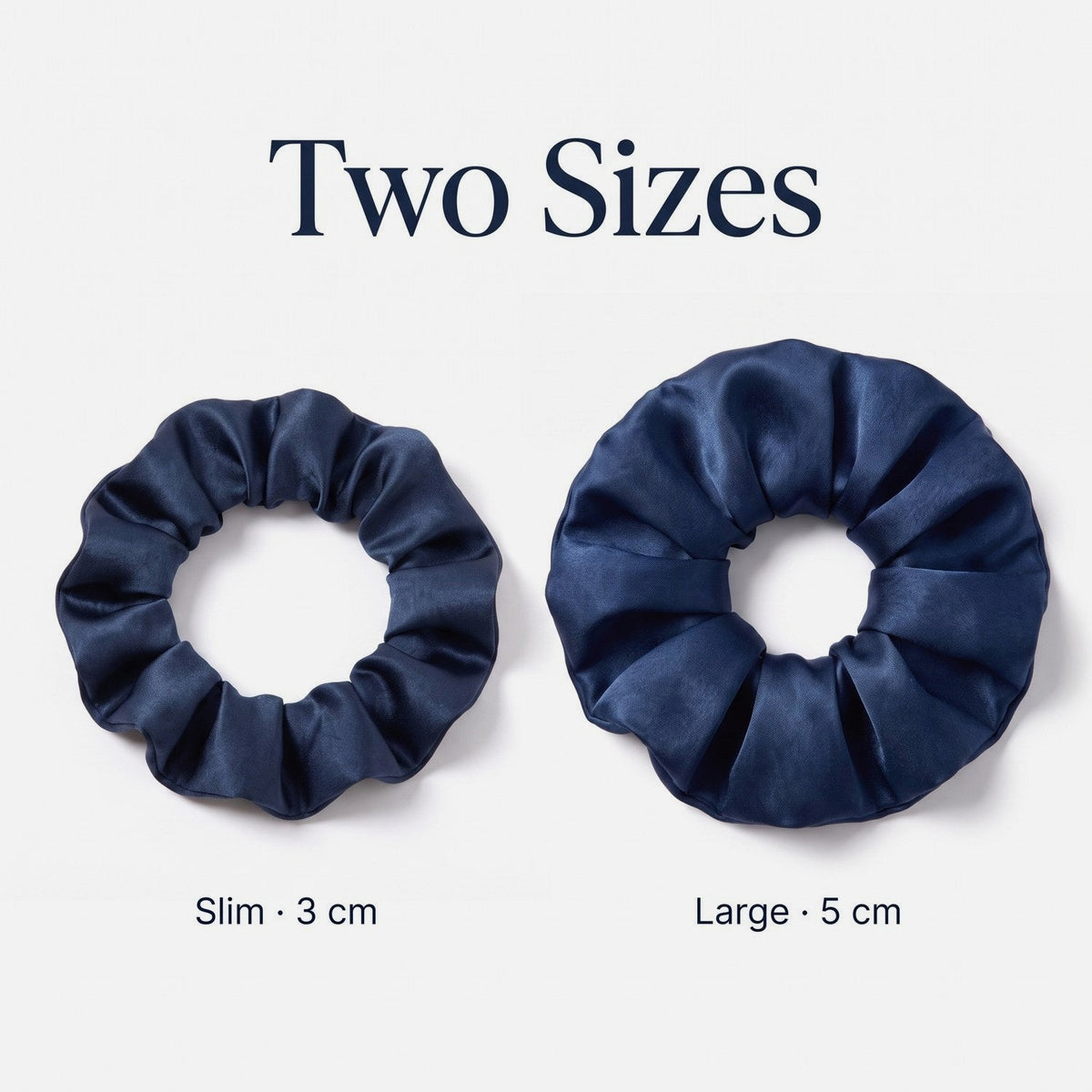 The slim 3 cm and the large 5 cm KINT silk scrunchie side by side