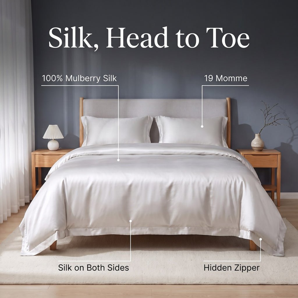 Features of the KINT 19 momme mulberry silk four-piece bedding set: 100% mulberry silk, 19 momme, silk on both sides, hidden zipper