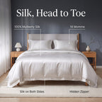 Features of the KINT 19 momme mulberry silk four-piece bedding set: 100% mulberry silk, 19 momme, silk on both sides, hidden zipper