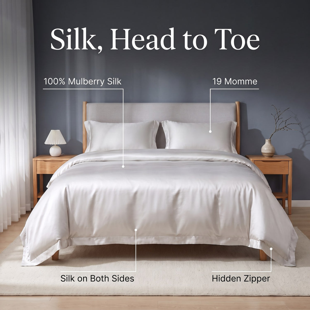 Features of the KINT 19 momme mulberry silk four-piece bedding set: 100% mulberry silk, 19 momme, silk on both sides, hidden zipper
