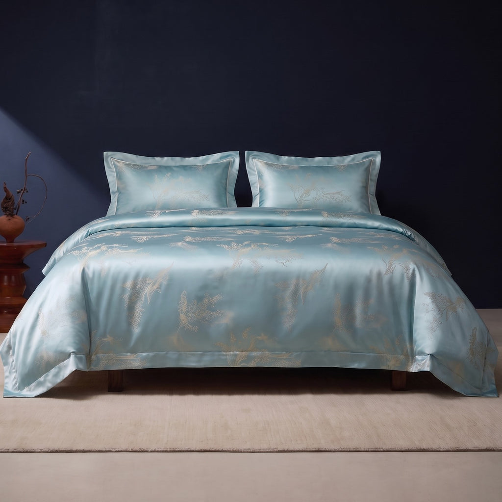 KINT silk and cotton jacquard four-piece bedding set in Aqua Botanical