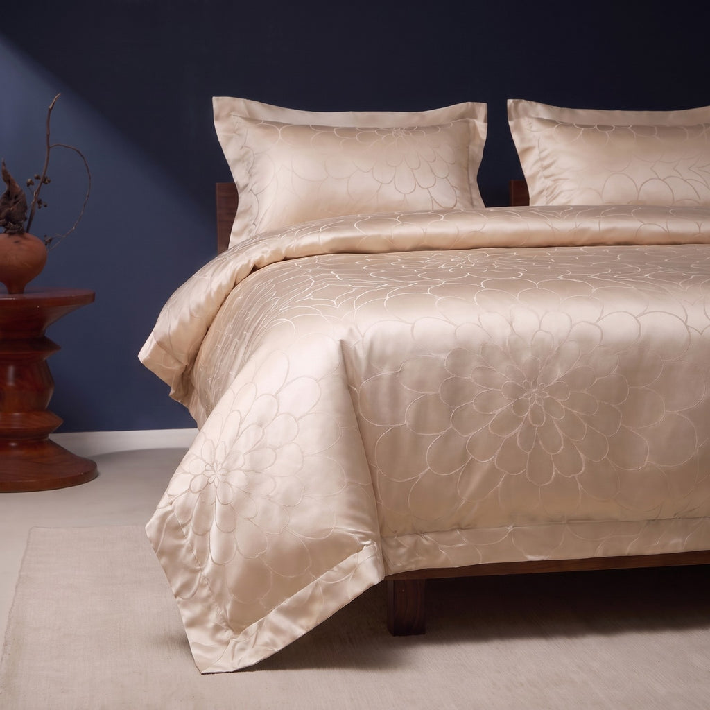 KINT silk and cotton jacquard four-piece bedding set seen from the corner of the bed in morning light