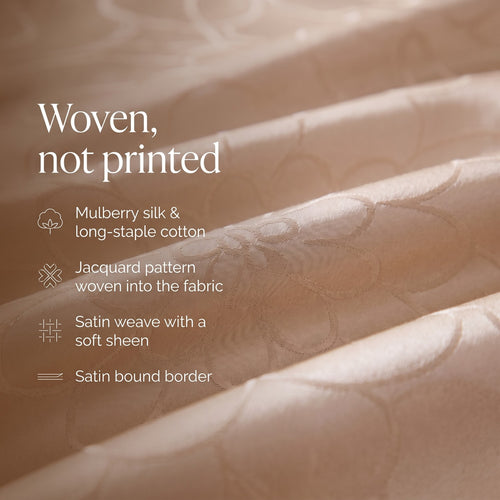 Woven, not printed: mulberry silk and long-staple cotton, jacquard pattern woven into the fabric, satin weave, satin bound border