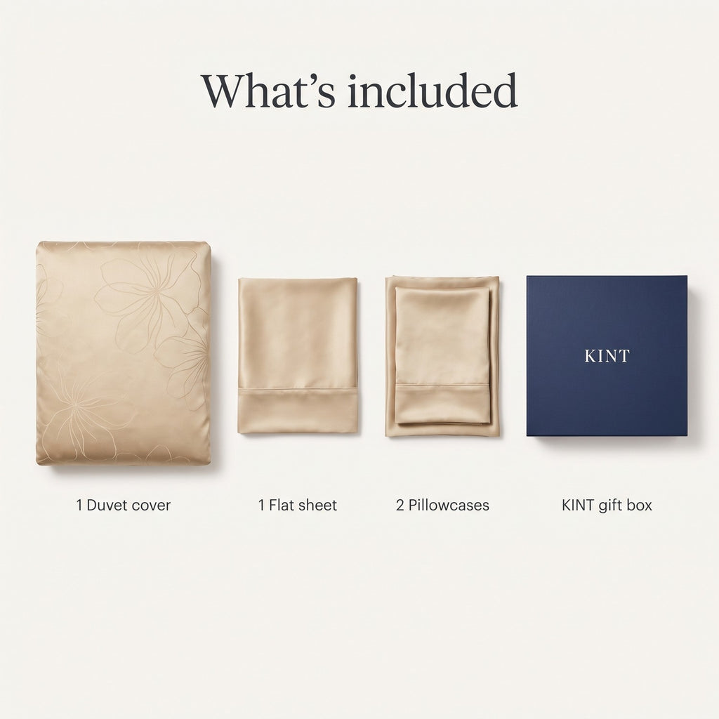 What is included: a duvet cover, a flat sheet, two pillowcases and a KINT gift box