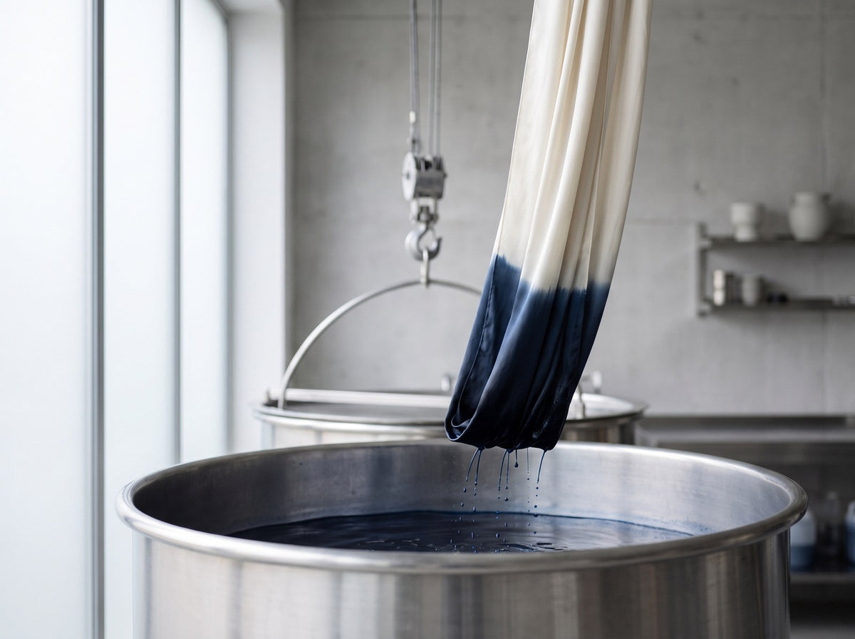 Silk fabric lifted out of a navy dye bath