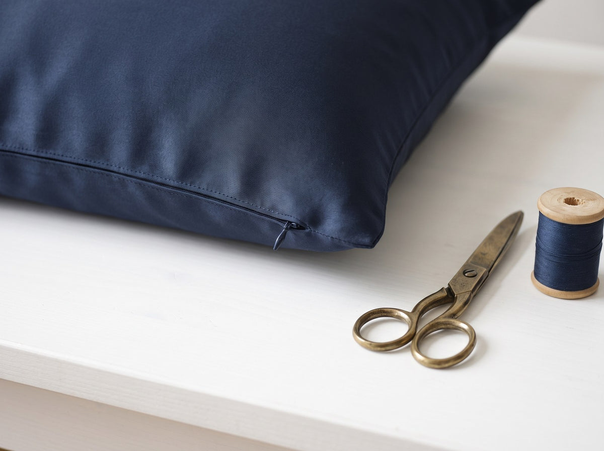 Corner of a navy silk pillowcase with a hidden zipper, scissors and thread
