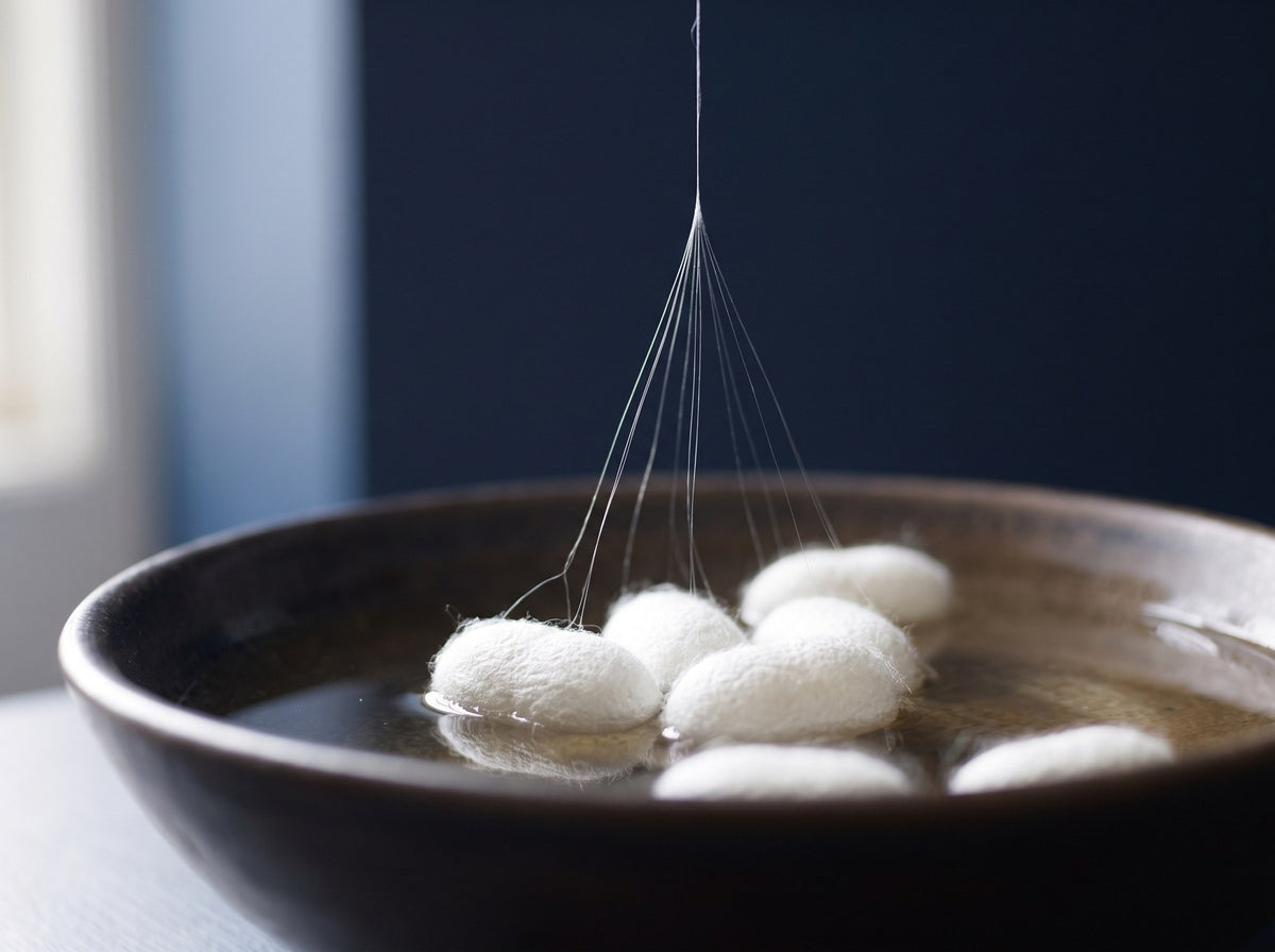Silk filaments being drawn from cocoons floating in warm water