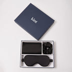 KINT 22 momme mulberry silk gift set (pillowcase, sleep mask and scrunchie) in Black, in a navy KINT gift box
