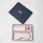 KINT 22 momme mulberry silk gift set (pillowcase, sleep mask and scrunchie) in Blush Pink, in a navy KINT gift box