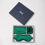 KINT 22 momme mulberry silk gift set (pillowcase, sleep mask and scrunchie) in Emerald, in a navy KINT gift box