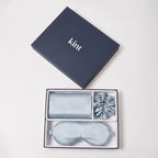 KINT 22 momme mulberry silk gift set (pillowcase, sleep mask and scrunchie) in Mist Blue, in a navy KINT gift box