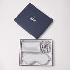 KINT 22 momme mulberry silk gift set (pillowcase, sleep mask and scrunchie) in Silver Grey, in a navy KINT gift box