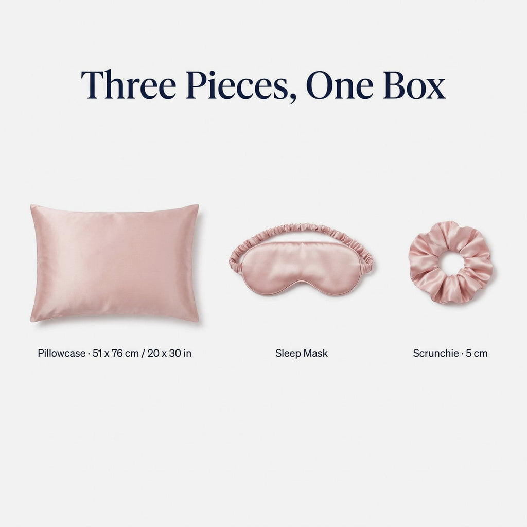 What is included: silk pillowcase 51 x 76 cm (20 x 30 in), silk sleep mask and 5 cm silk scrunchie