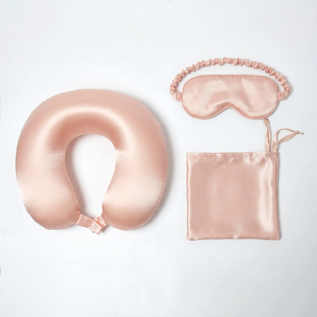KINT 19 momme silk travel set (neck pillow, sleep mask and pouch) in Blush Pink