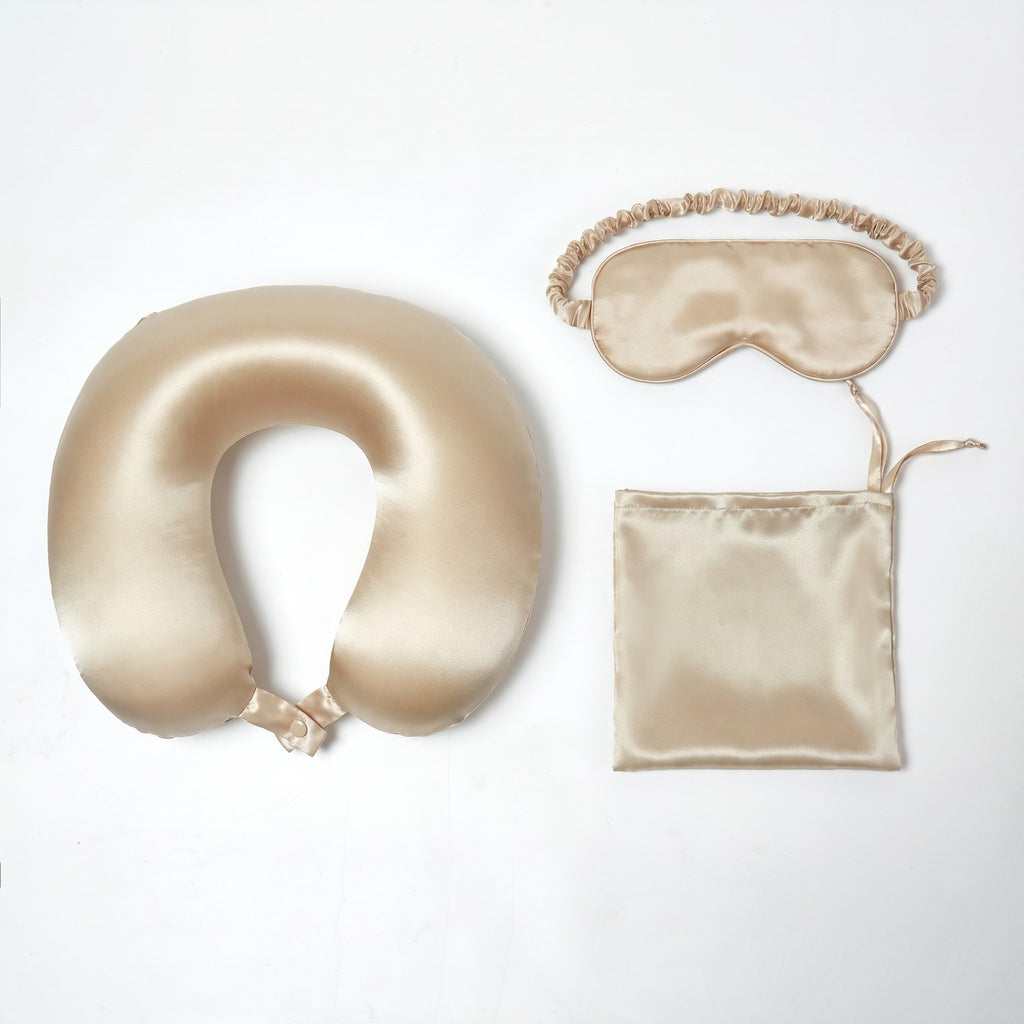 KINT 19 momme silk travel set (neck pillow, sleep mask and pouch) in Champagne