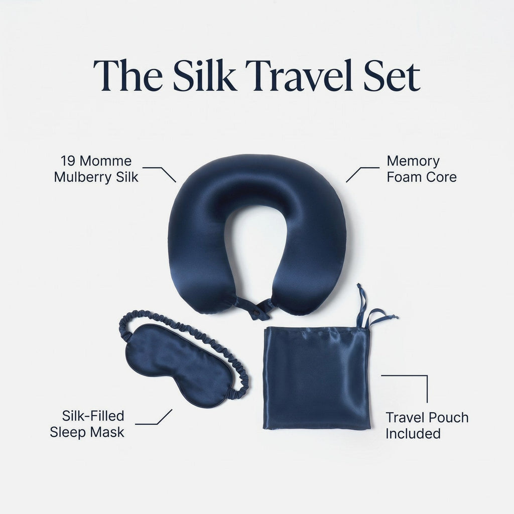 Features of the KINT silk travel set: 19 momme mulberry silk, memory foam core, silk-filled sleep mask, travel pouch included