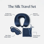 Features of the KINT silk travel set: 19 momme mulberry silk, memory foam core, silk-filled sleep mask, travel pouch included