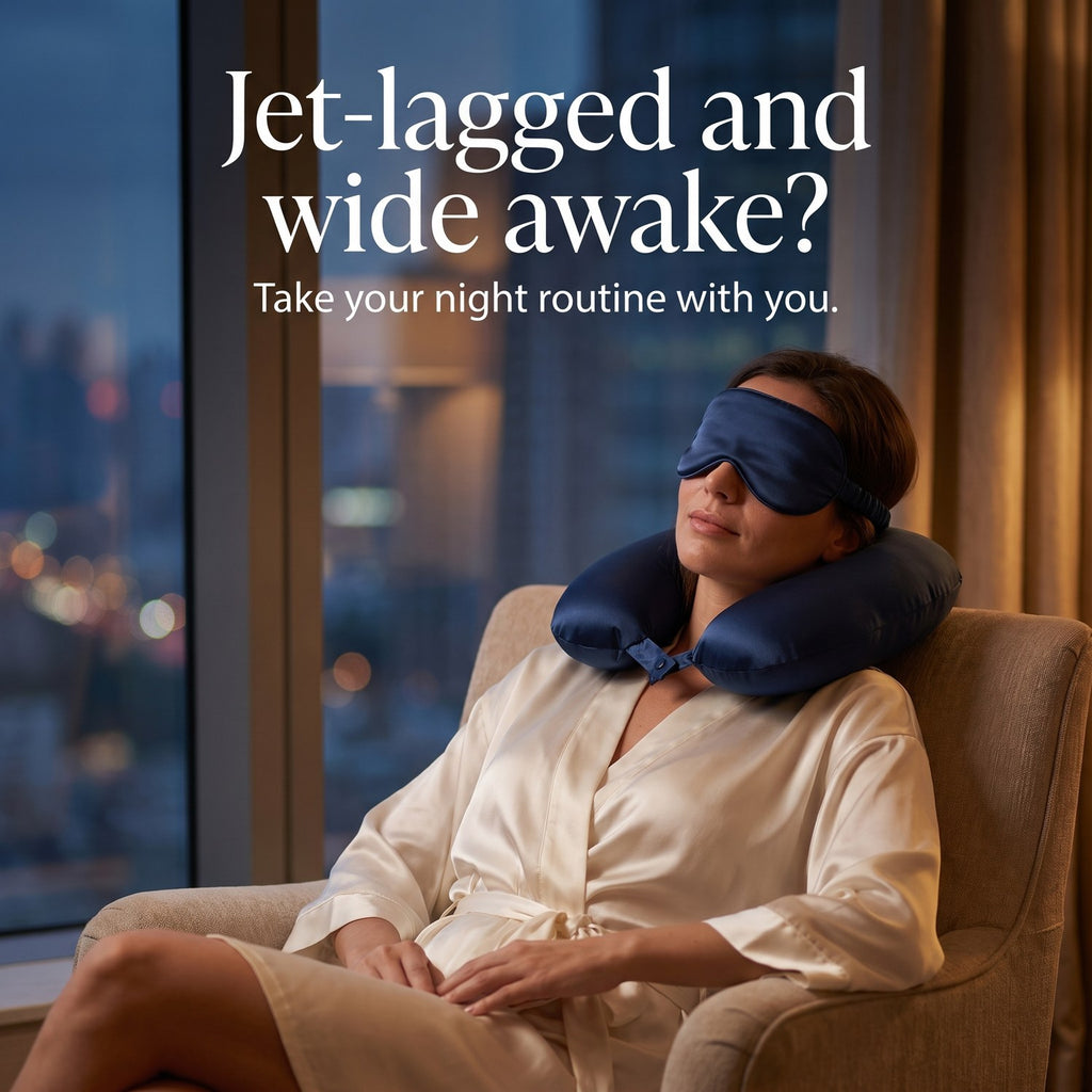 Woman napping in a hotel armchair with the navy KINT silk neck pillow and sleep mask