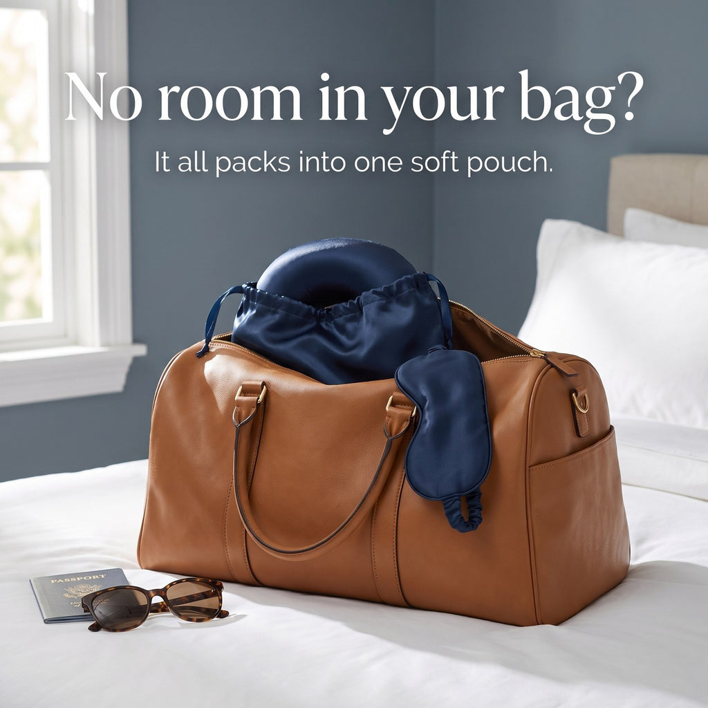 The KINT silk travel set packed in its pouch inside a leather weekend bag