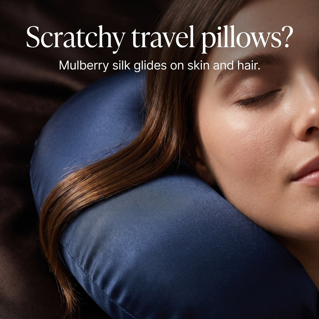 Cheek and hair resting on the navy KINT mulberry silk neck pillow