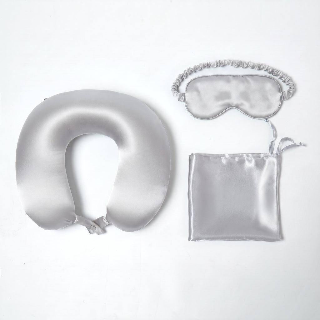 KINT 19 momme silk travel set (neck pillow, sleep mask and pouch) in Silver Grey