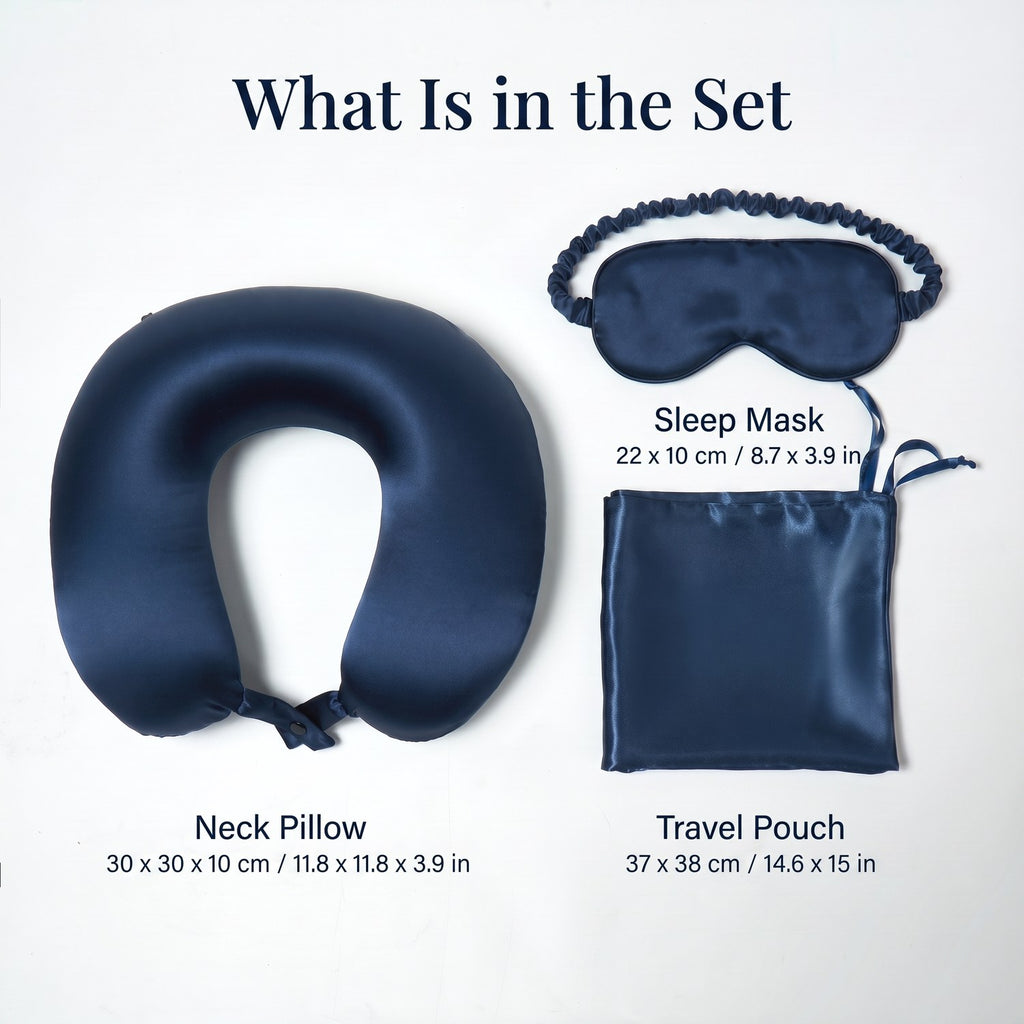 What is in the set with sizes: neck pillow 30 x 30 x 10 cm, sleep mask 22 x 10 cm, travel pouch 37 x 38 cm