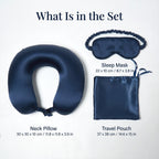 What is in the set with sizes: neck pillow 30 x 30 x 10 cm, sleep mask 22 x 10 cm, travel pouch 37 x 38 cm