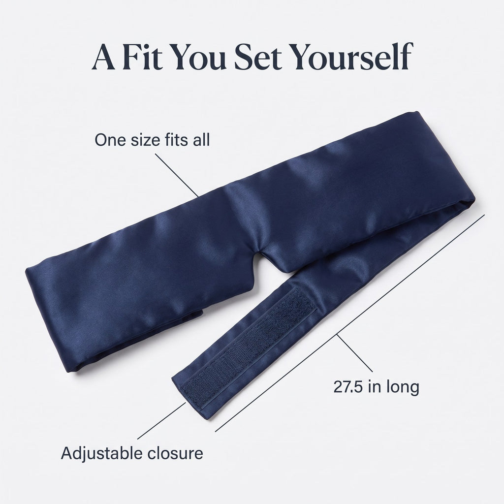 KINT silk wrap sleep mask laid flat showing its adjustable closure, one size, 27.5 inches long