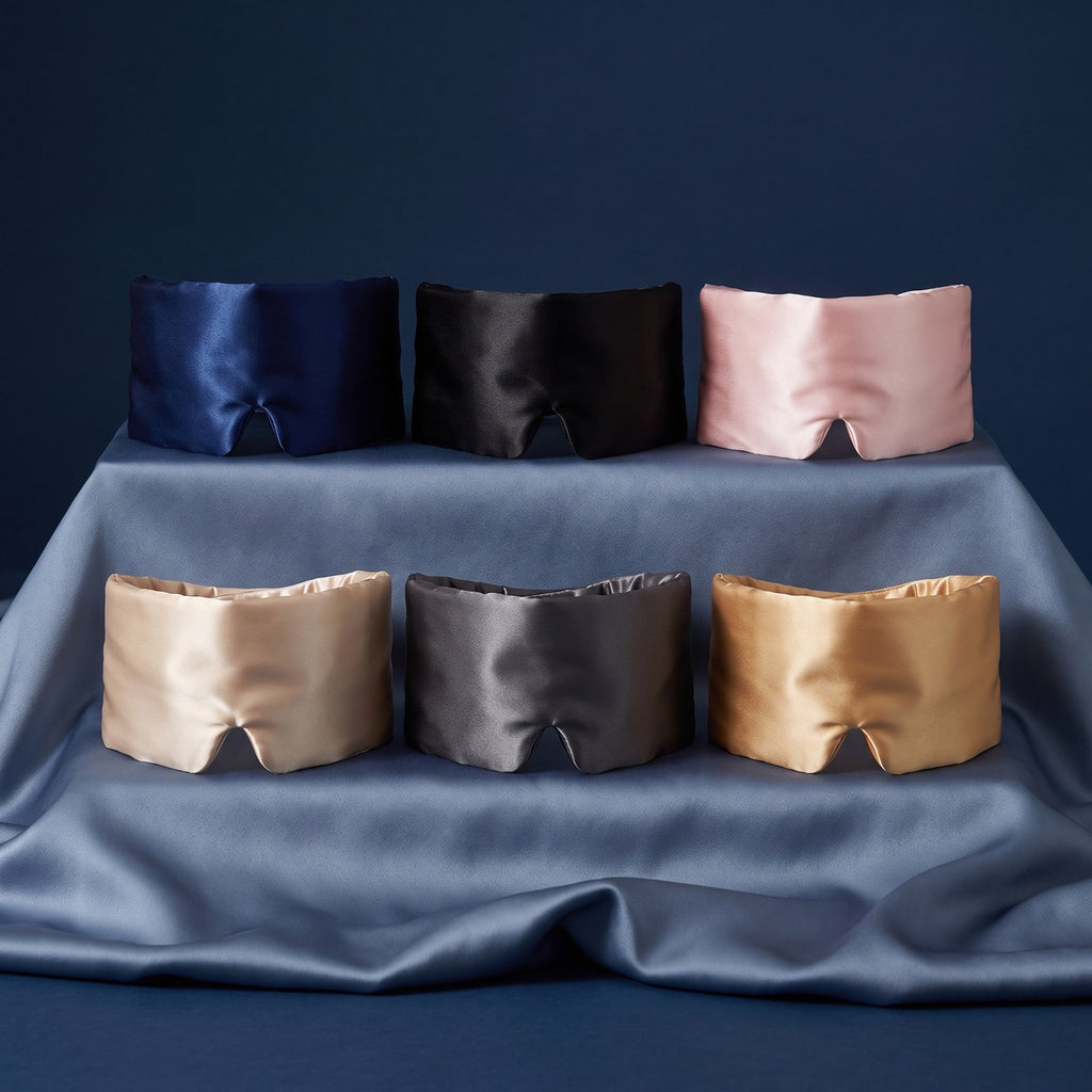 KINT silk wrap sleep mask in six colors on slate blue silk