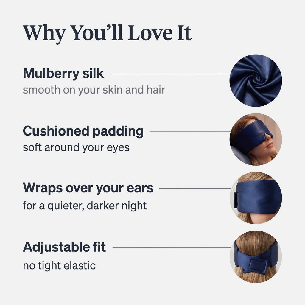 Benefits of the KINT silk wrap sleep mask: mulberry silk, cushioned padding, wraps over your ears, adjustable fit