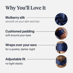 Benefits of the KINT silk wrap sleep mask: mulberry silk, cushioned padding, wraps over your ears, adjustable fit