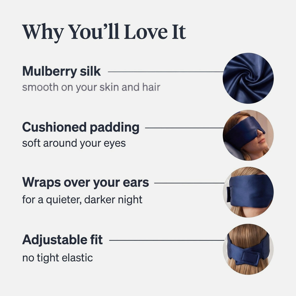 Benefits of the KINT silk wrap sleep mask: mulberry silk, cushioned padding, wraps over your ears, adjustable fit