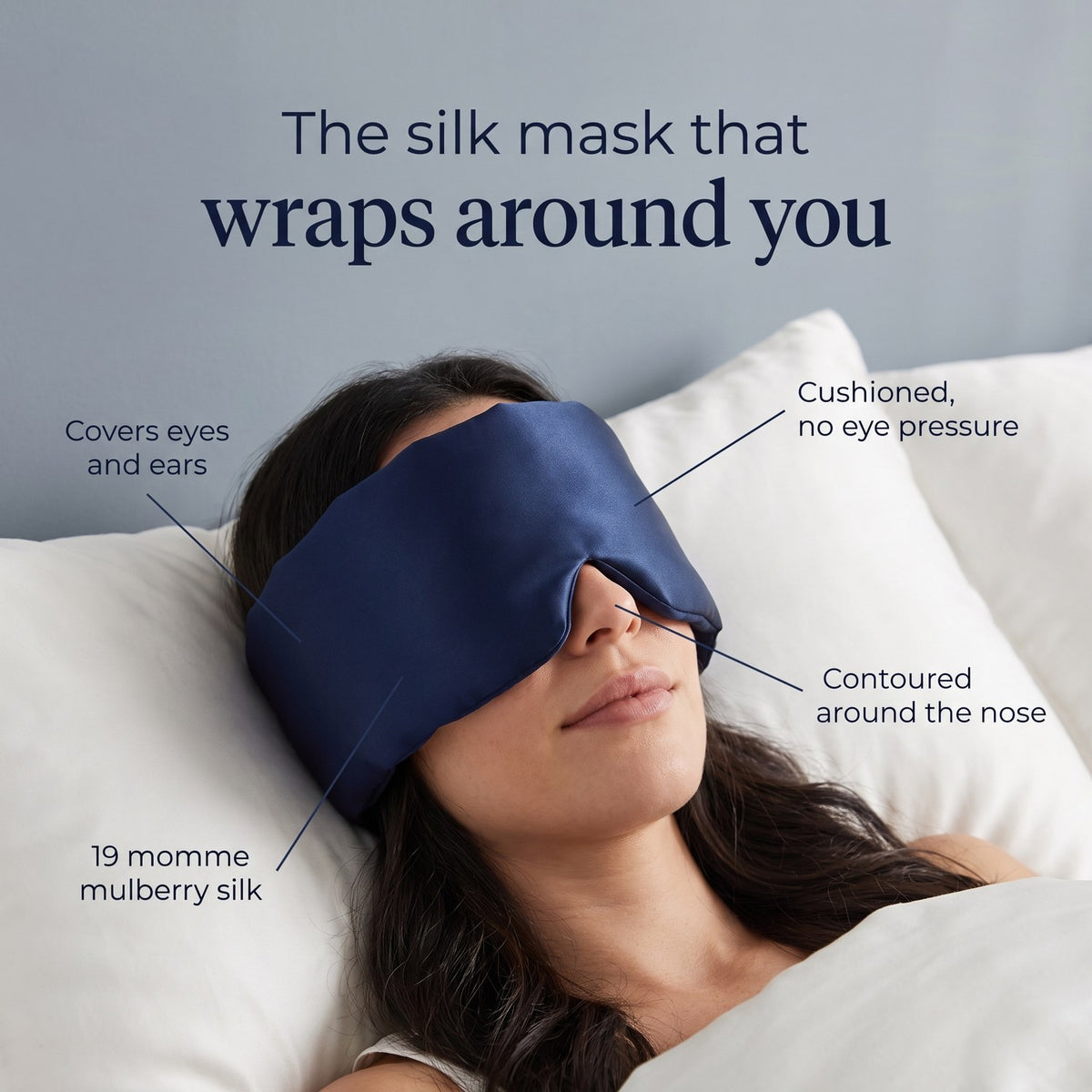 KINT silk wrap sleep mask worn: covers eyes and ears, cushioned, 19 momme mulberry silk, contoured around the nose