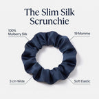 Features of the KINT slim 3 cm mulberry silk scrunchie: 100% mulberry silk, 19 momme, 3 cm wide, soft elastic