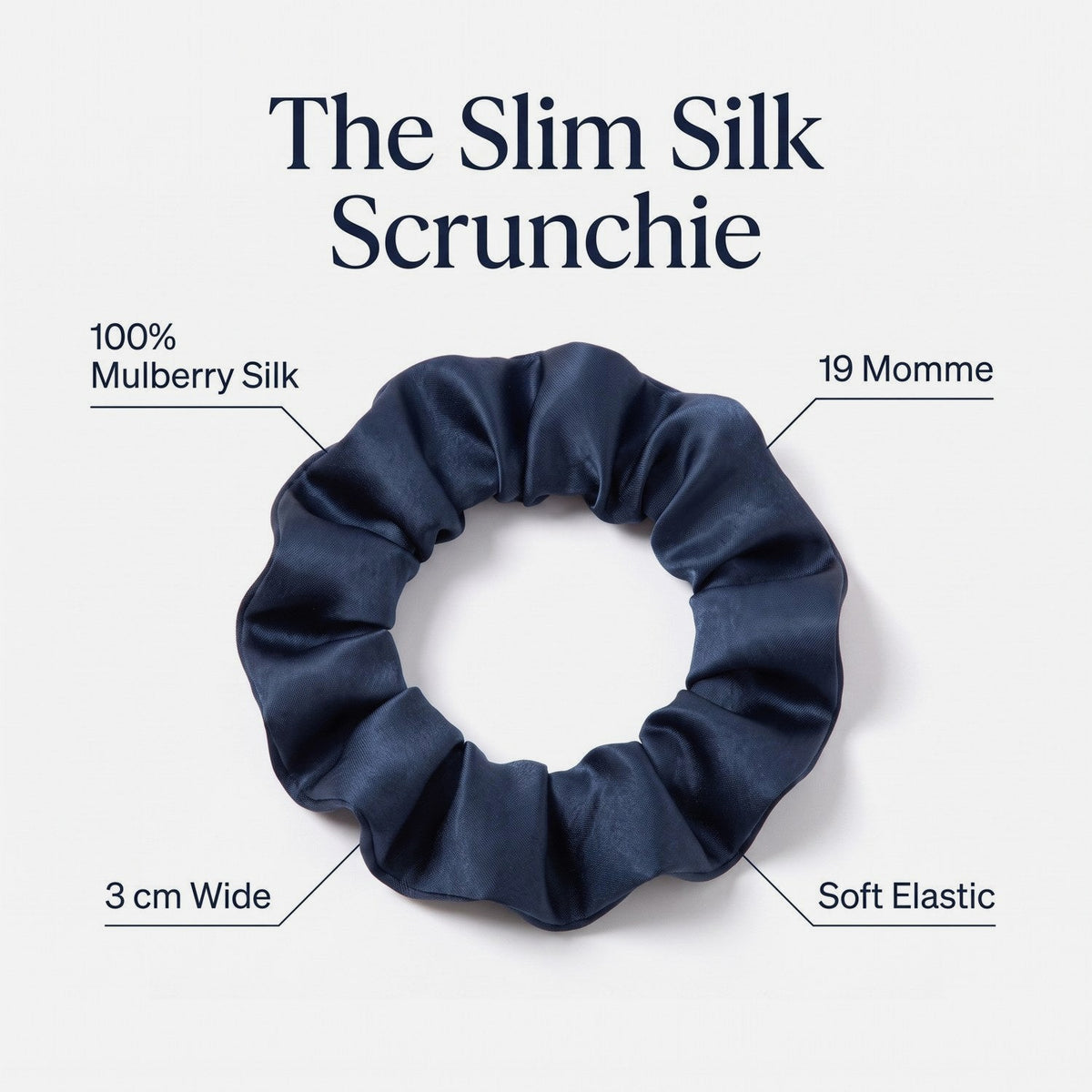 Features of the KINT slim 3 cm mulberry silk scrunchie: 100% mulberry silk, 19 momme, 3 cm wide, soft elastic