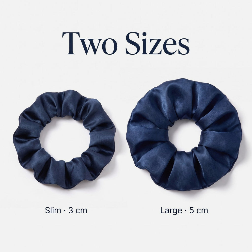 The slim 3 cm and the large 5 cm KINT silk scrunchie side by side