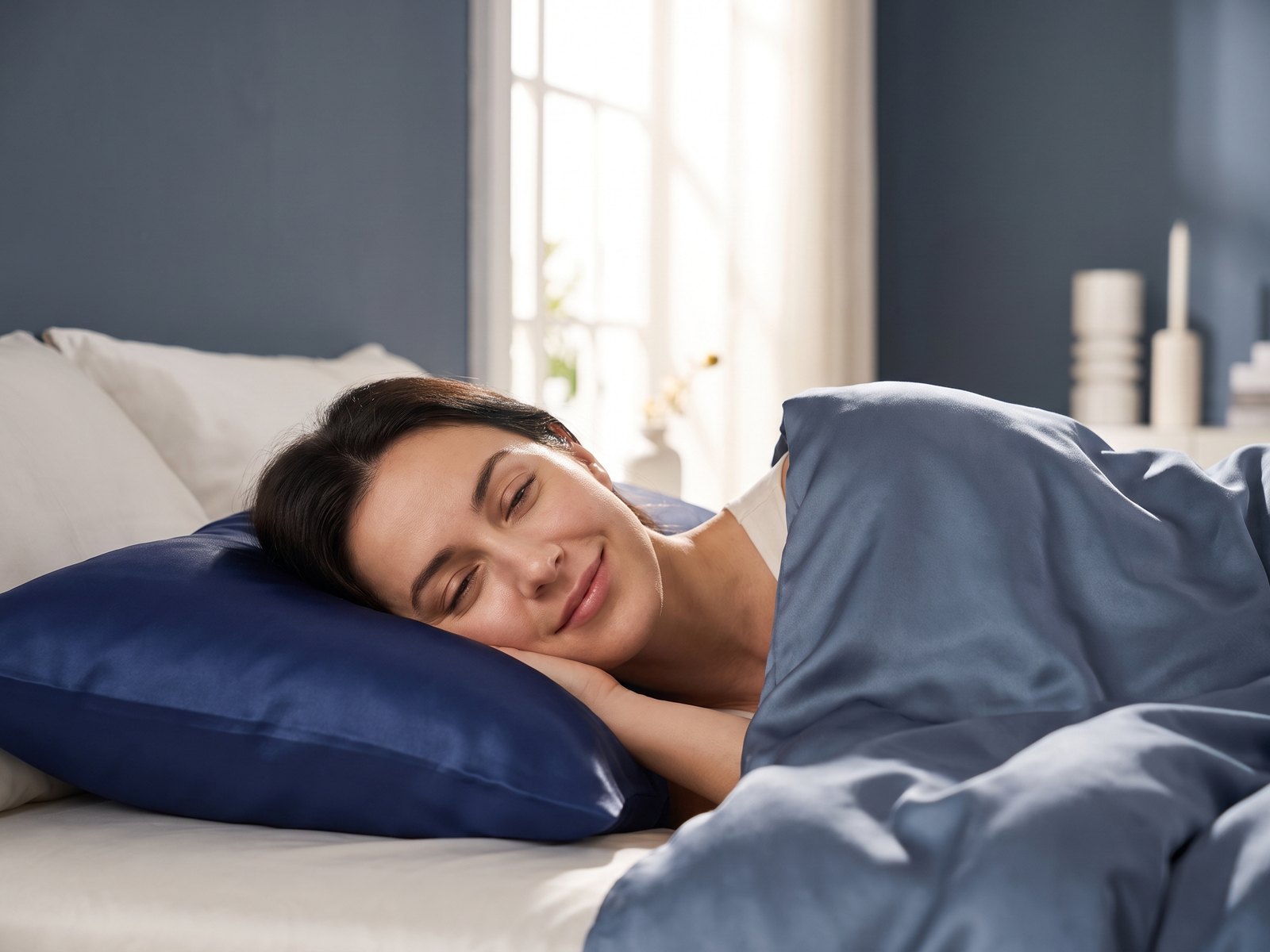 Woman waking up on a navy KINT silk pillowcase in morning light