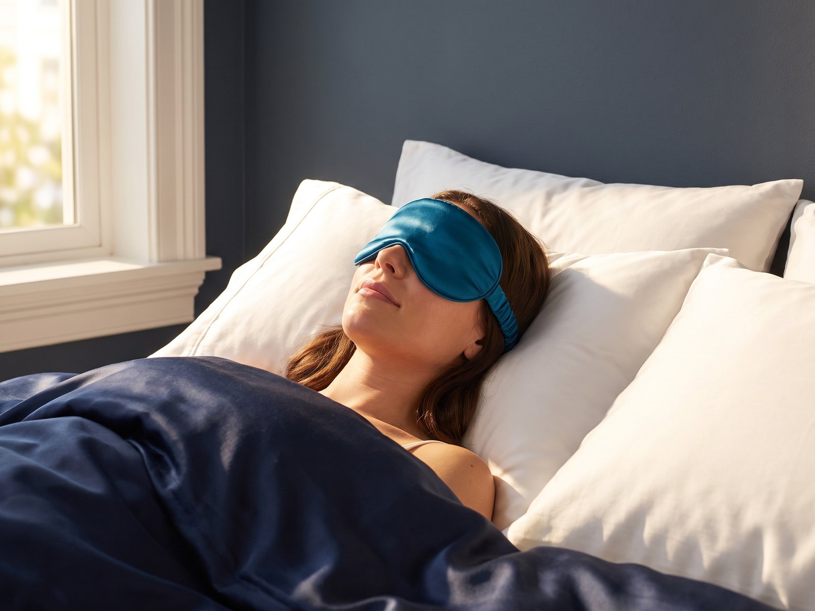 Woman asleep in a sunlit bedroom wearing the KINT 3D silk sleep mask