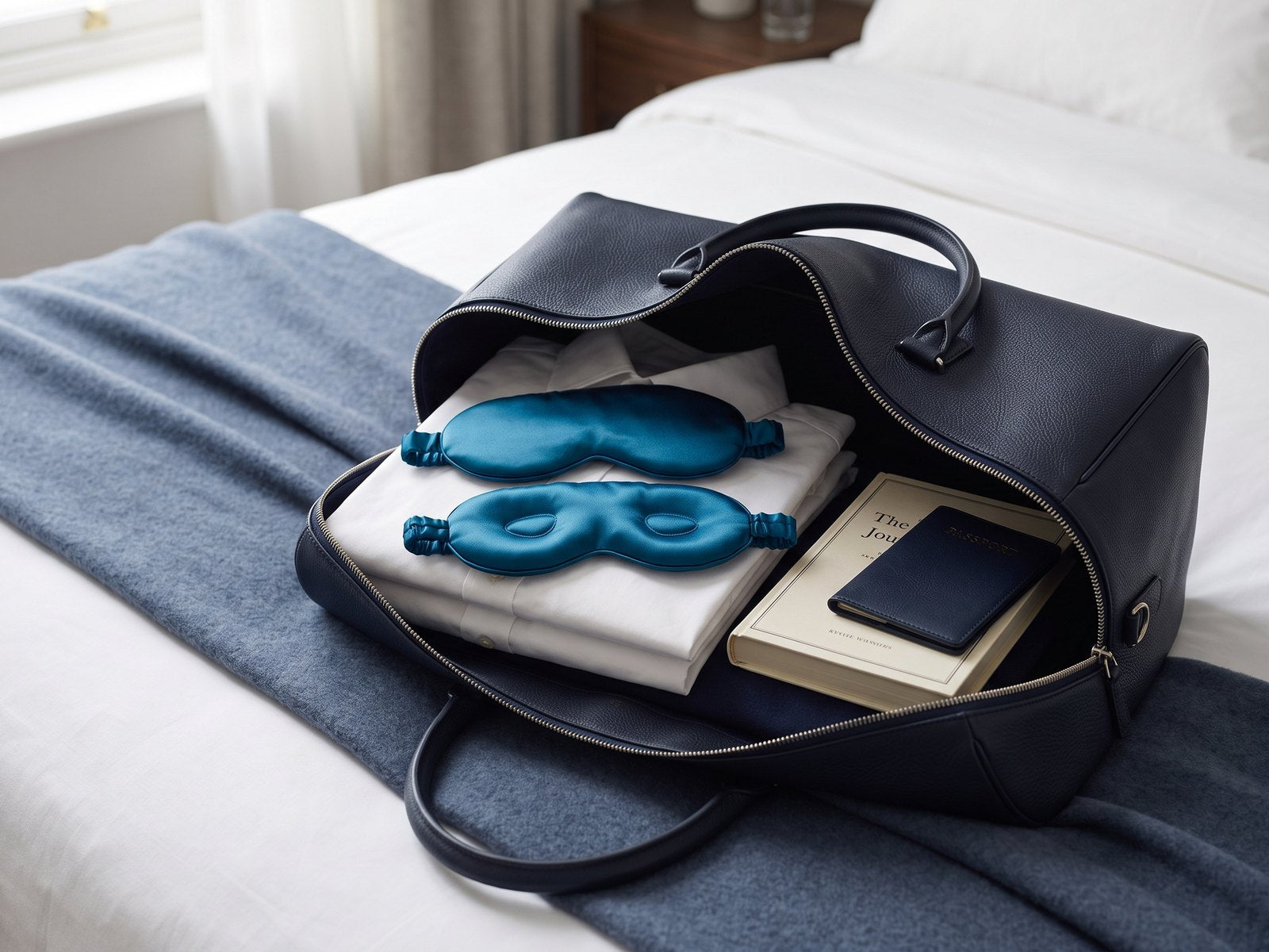 KINT 3D silk sleep mask packed in a navy weekend bag on a hotel bed