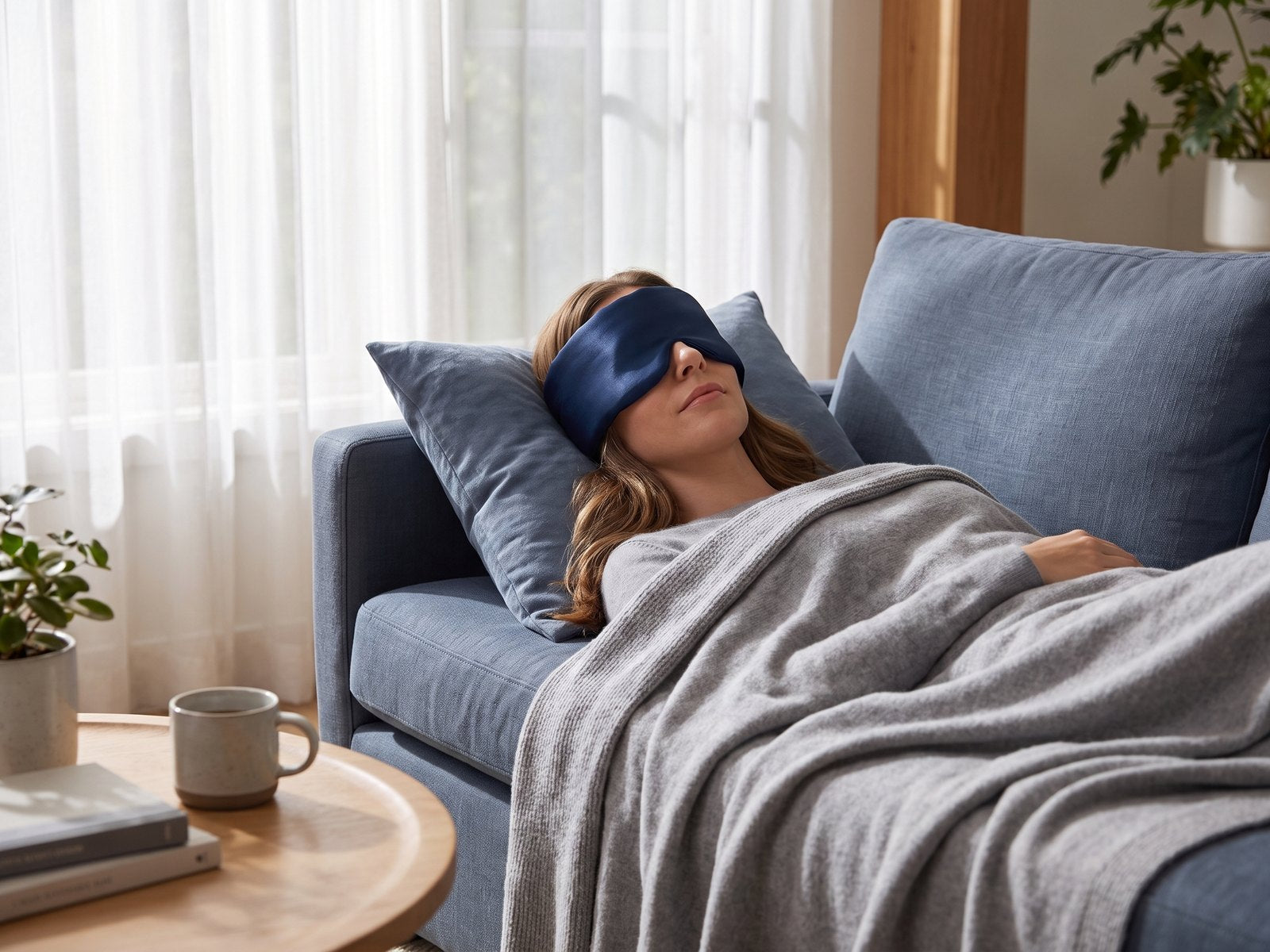 Woman napping on a sofa wearing the KINT silk wrap sleep mask